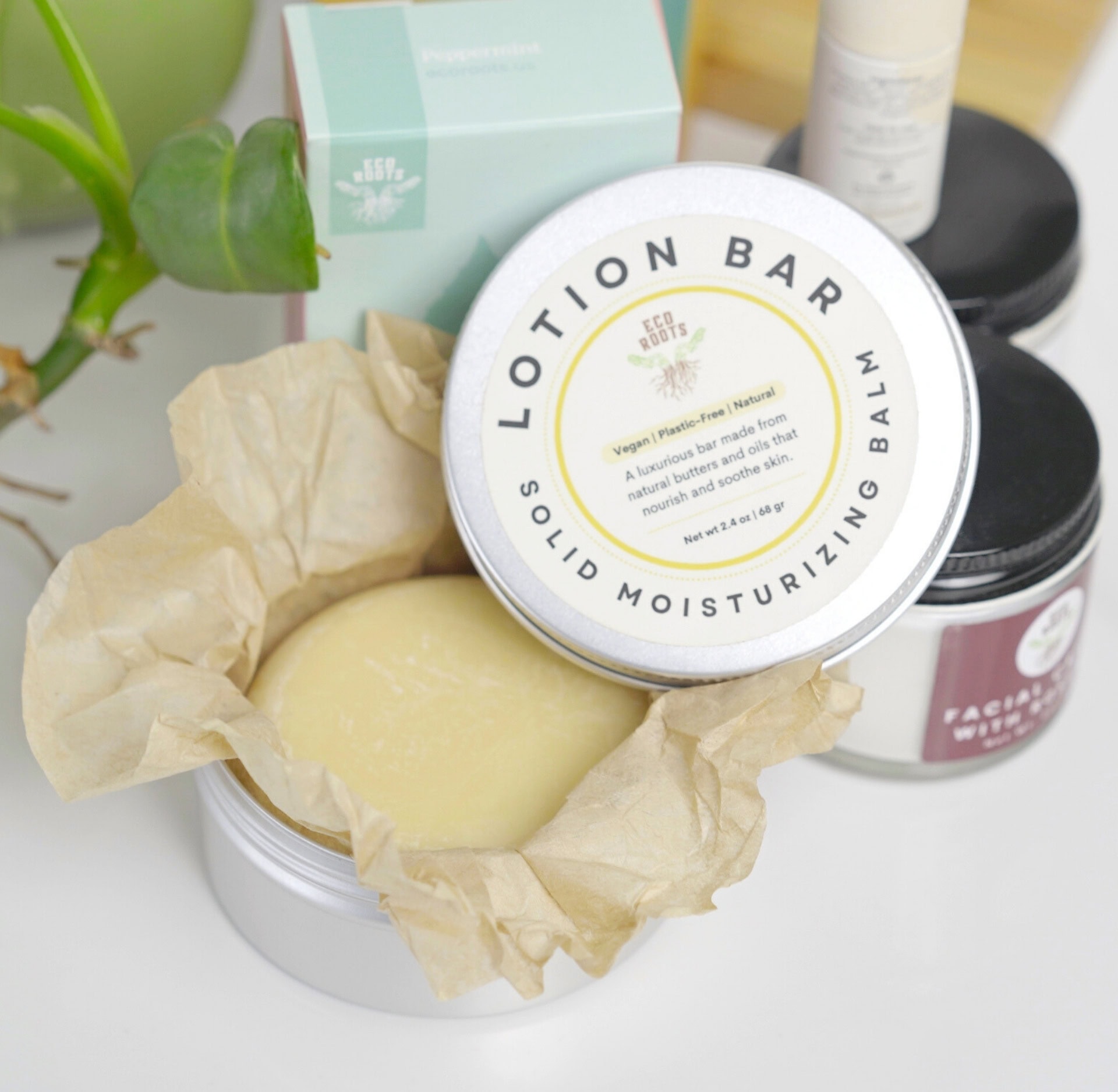 EcoRoots solid moisturizing balm in tin — a vegan zero waste body lotion tested by Lyall from Sustainable Jungle.