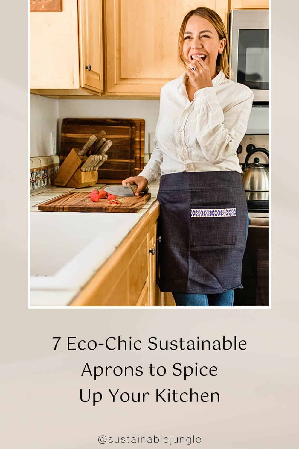 7 Eco-Chic Sustainable Aprons to Spice Up Your Kitchen Image by Darzah #sustainableaprons #ecofriendlyaprons #organicaprons #bestmaterialforaprons #sustainablecookingapronsforwomen #sustainablejungle