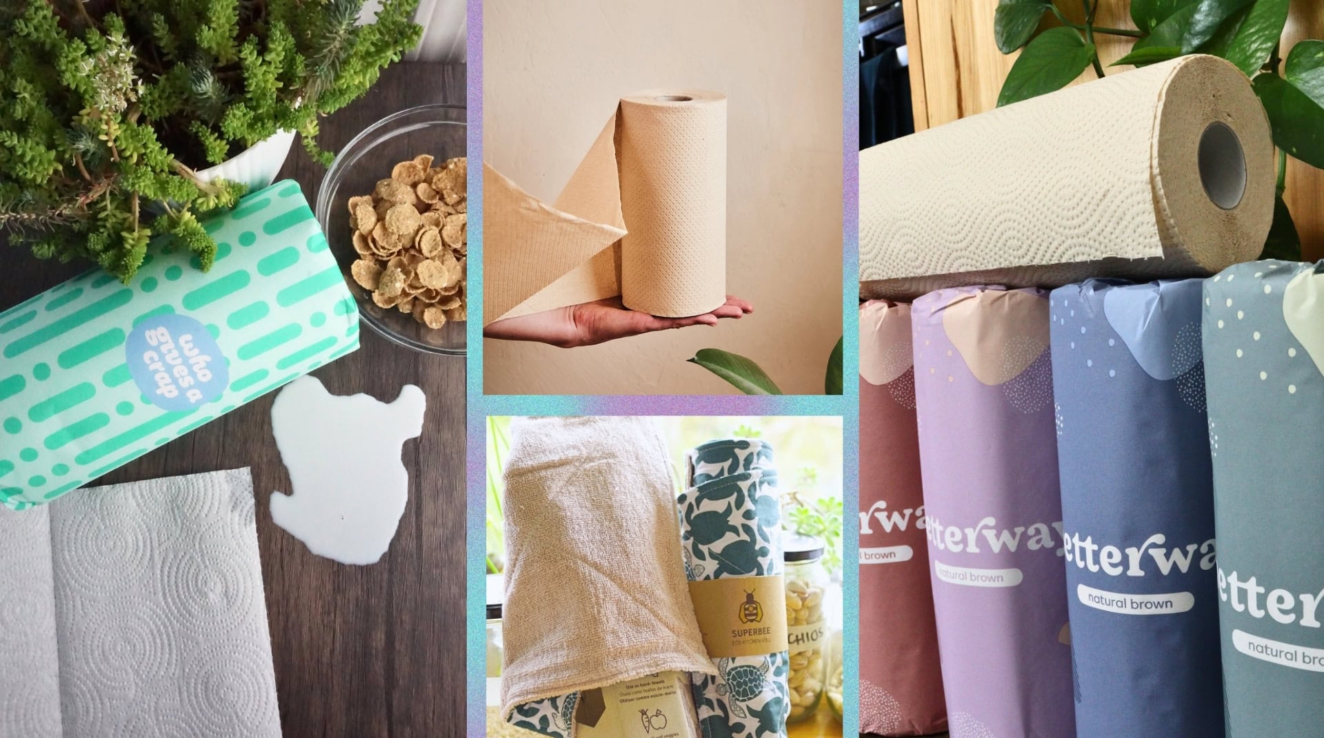 A collage showing some of the best non-toxic paper towel brands, including Who Gives A Crap’s bamboo towel next to a spill, unbleached recycled paper towels on a hand, Betterway’s plastic-free brown paper towels in colorful wrapping, and SuperBee’s reusable organic cotton kitchen roll with turtle print.