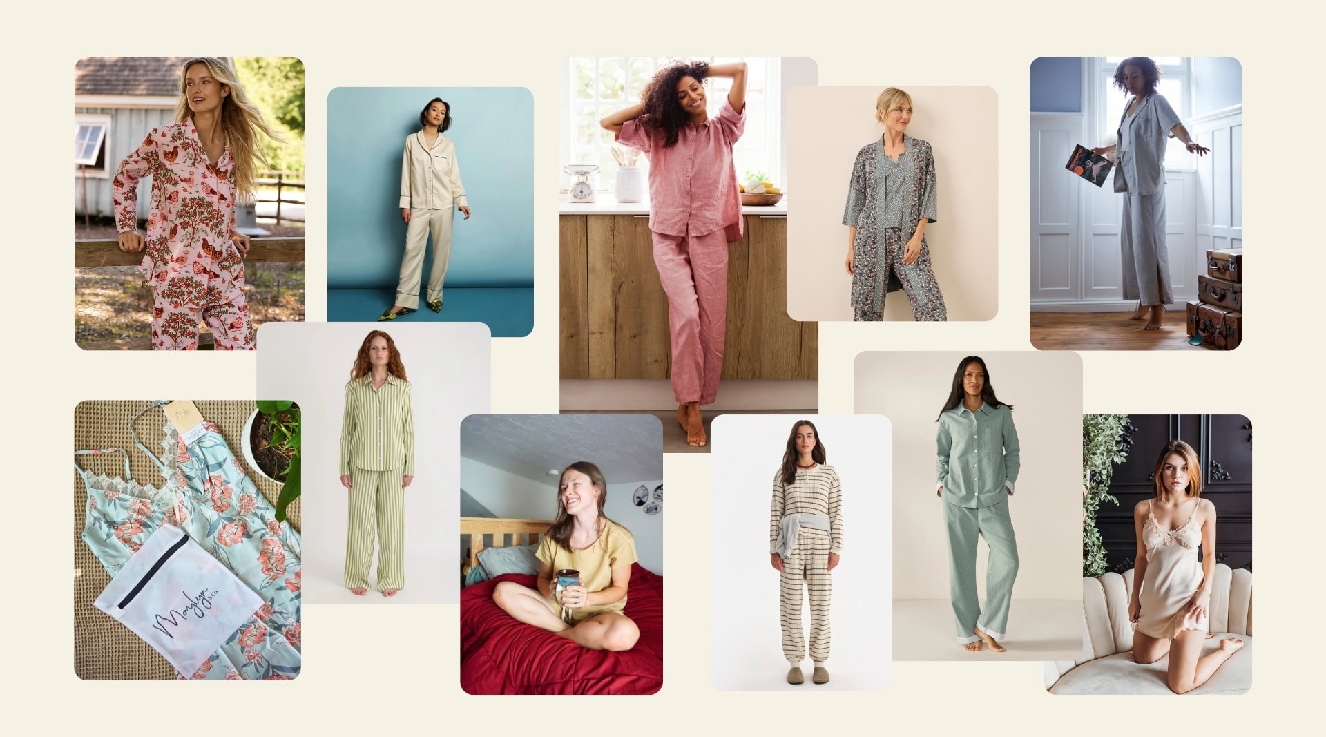 Collage of the best sustainable pajamas and ethical sleepwear brands featured by Sustainable Jungle, including organic cotton, linen, and TENCEL™ pajama sets for eco-friendly, low-impact sleepwear.