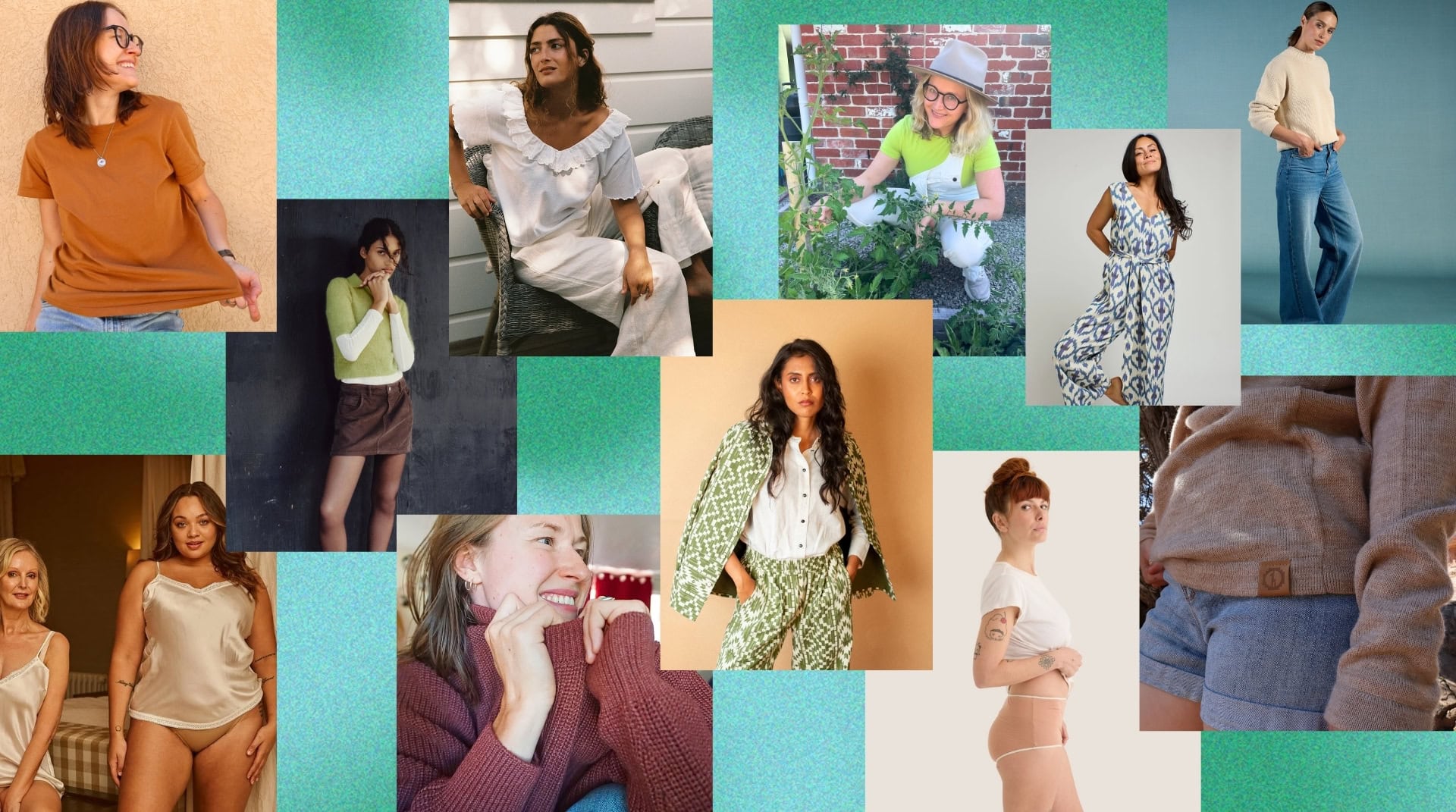 Collage of models and Sustainable Jungle team members showcasing pieces from the best sustainable clothing brands, including organic cotton basics, linen outfits, ethical lingerie, and eco-friendly knitwear—all representing fair labor, low-impact materials, and conscious fashion choices.