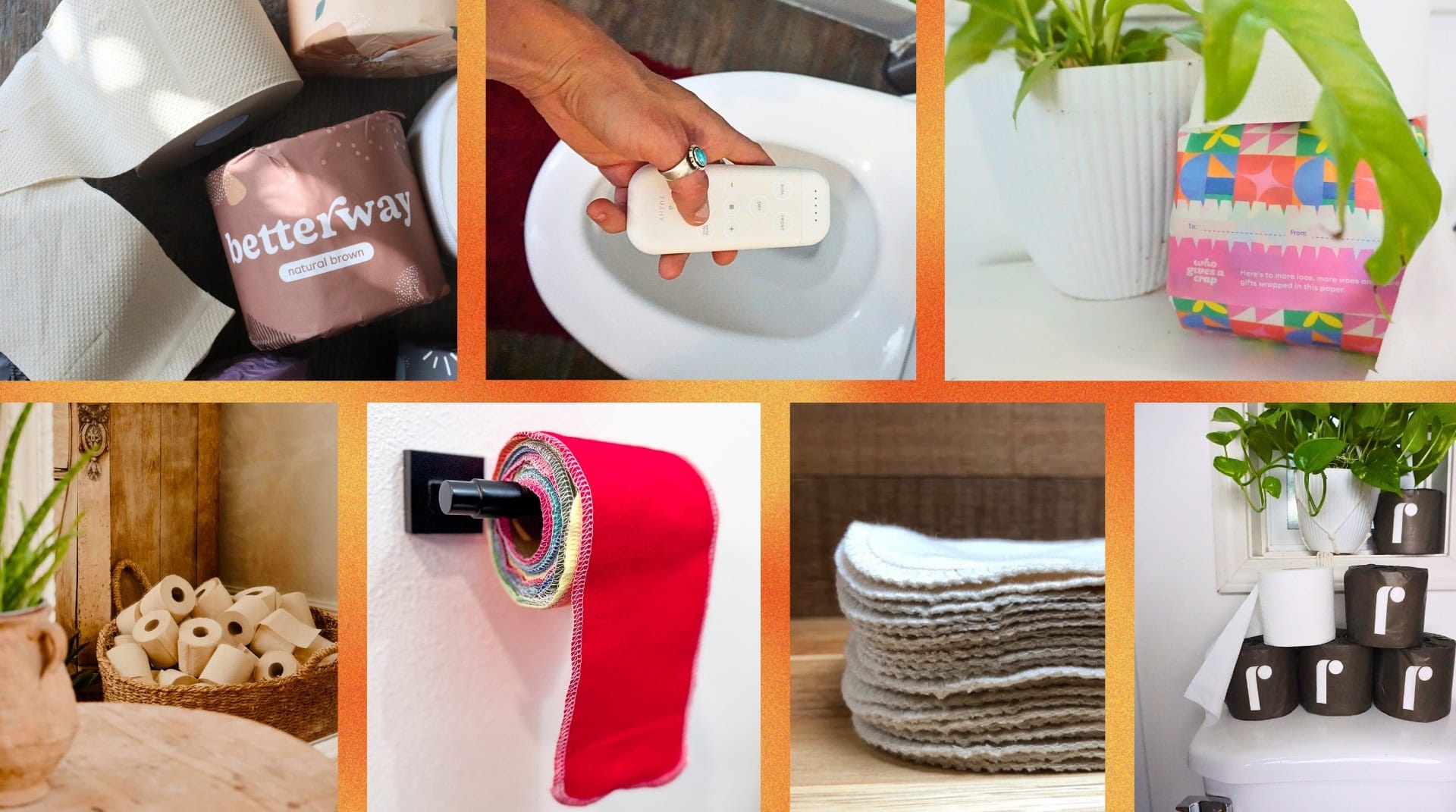 Collage of the best plastic free and zero waste toilet paper brands, including Betterway, Who Gives A Crap, Naked Paper, and reusable cloth wipes from Green Little Nest