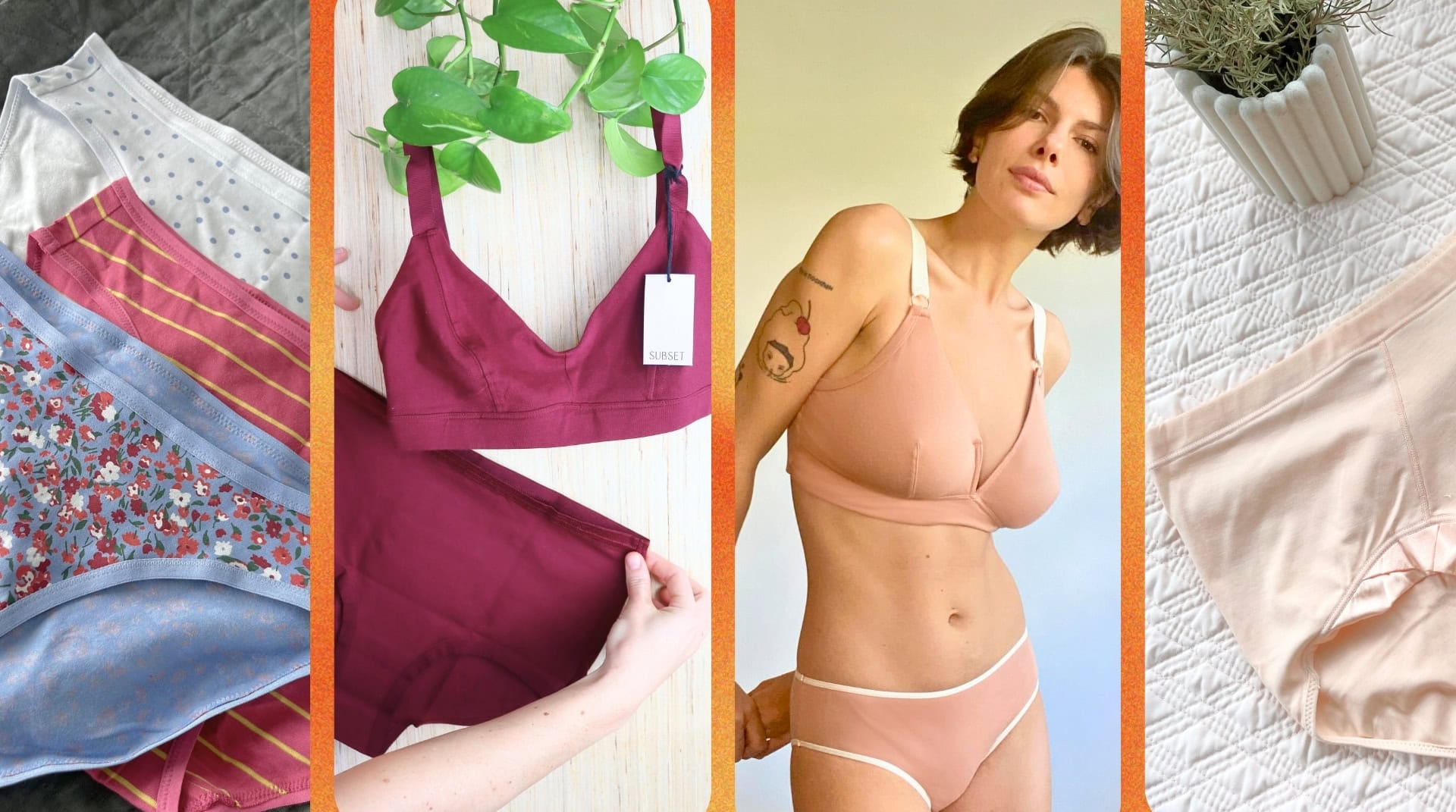 Collage of the best ethical and sustainable underwear brands tested by Sustainable Jungle, featuring organic cotton, TENCEL™, and silk designs from Subset, JulieMay, The Very Good Bra and other eco-friendly underwear brands focused on comfort, inclusivity, and responsible production