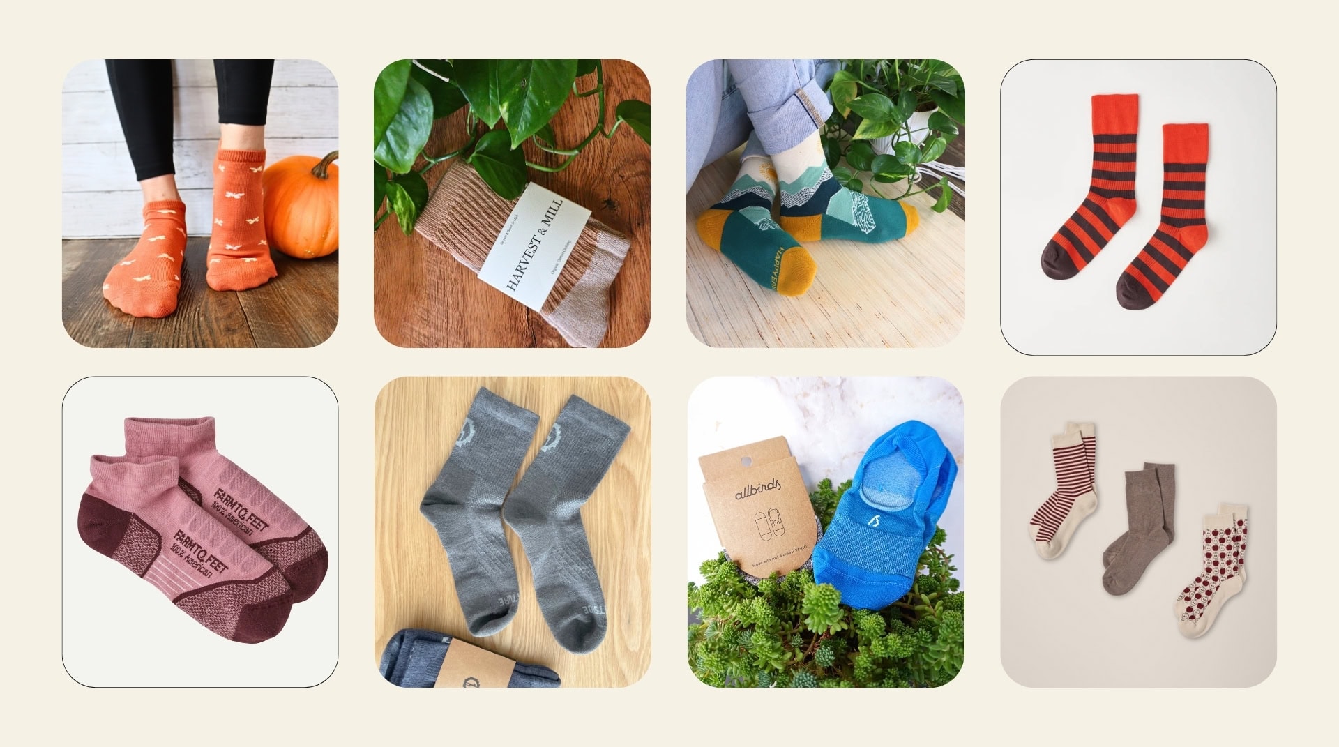 A collage of sustainable socks from brands featured by Sustainable Jungle, including organic cotton, wool, and recycled material styles in various colors and patterns. Image by Sustainable Jungle for the best sustainable sock brands.