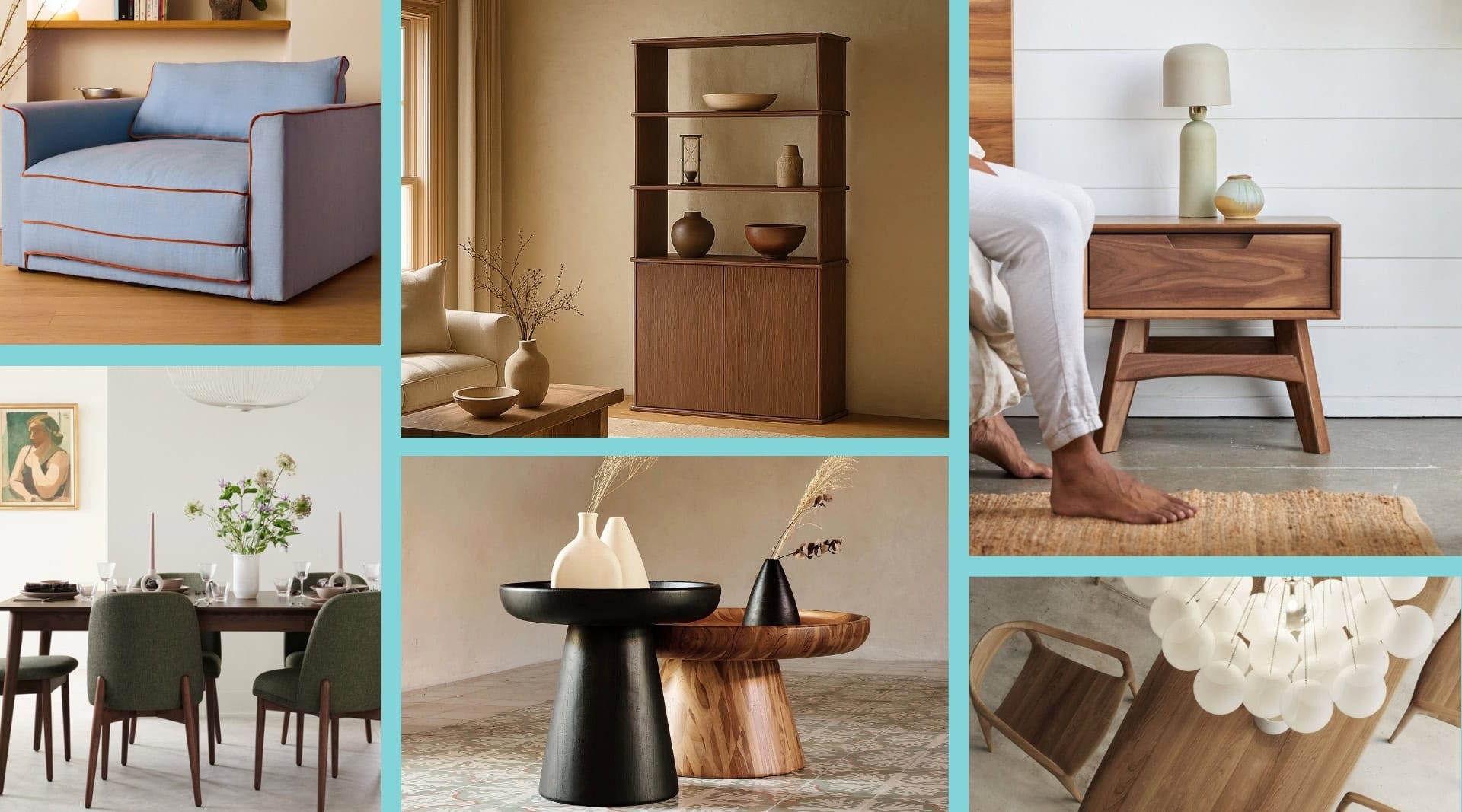 Collage of the best non-toxic furniture brands and low-VOC furniture including solid wood tables, bookshelves, chairs, and bed frames from ethical brands. Safe, healthy home furnishings made with natural materials and zero-VOC finishes for cleaner indoor air.