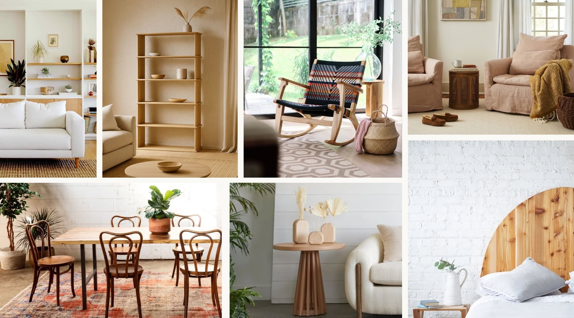 Collage of sustainable furniture brands including wooden bookshelves, tables, chairs, sofas, and beds from eco-friendly furniture brands. Showcasing natural materials, minimalist design, handcrafted solid wood pieces for a modern sustainable home.