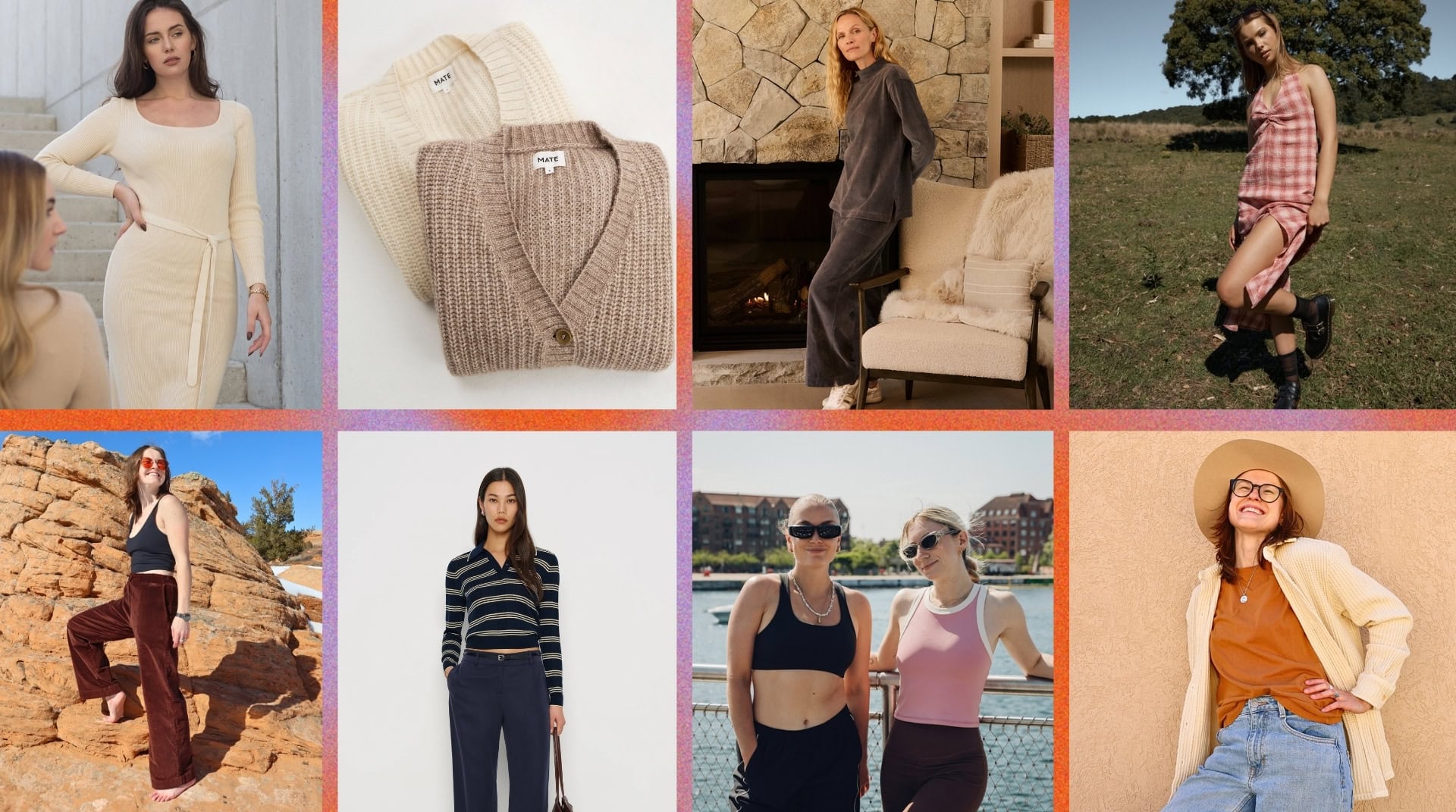 Collage featuring fashion brands like Mila Vert, MATE the Label, LA Relaxed, Afends, Reformation, Organic Basics, and Pact - ethical and eco-friendly alternatives to fast fashion showcased by Sustainable Jungle