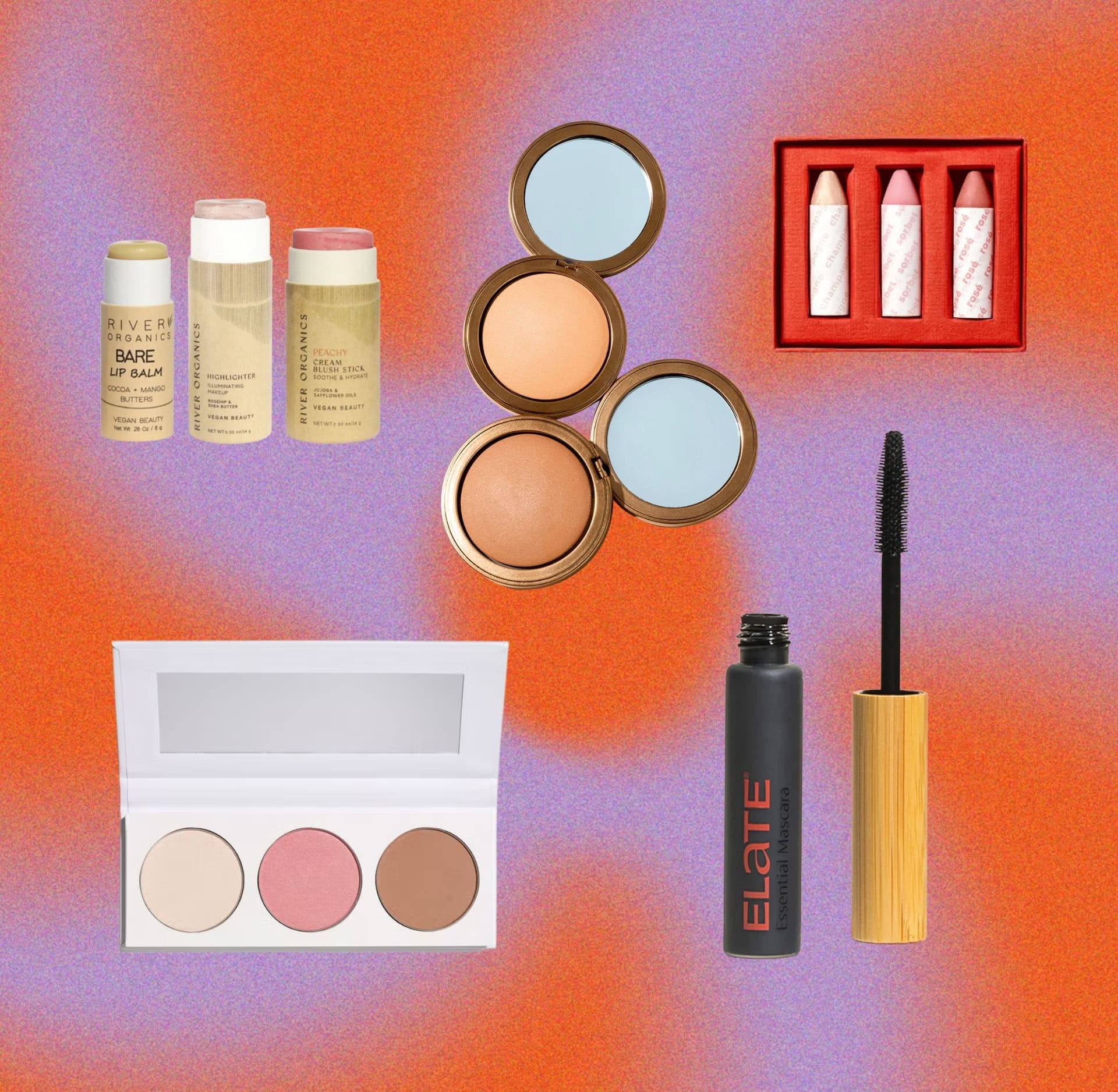 Affordable organic makeup products including River Organics lip balm and sticks, compact powders, Elate mascara with bamboo packaging, a blush and bronzer palette, and a natural crayon lipstick set, shown on a colorful background.