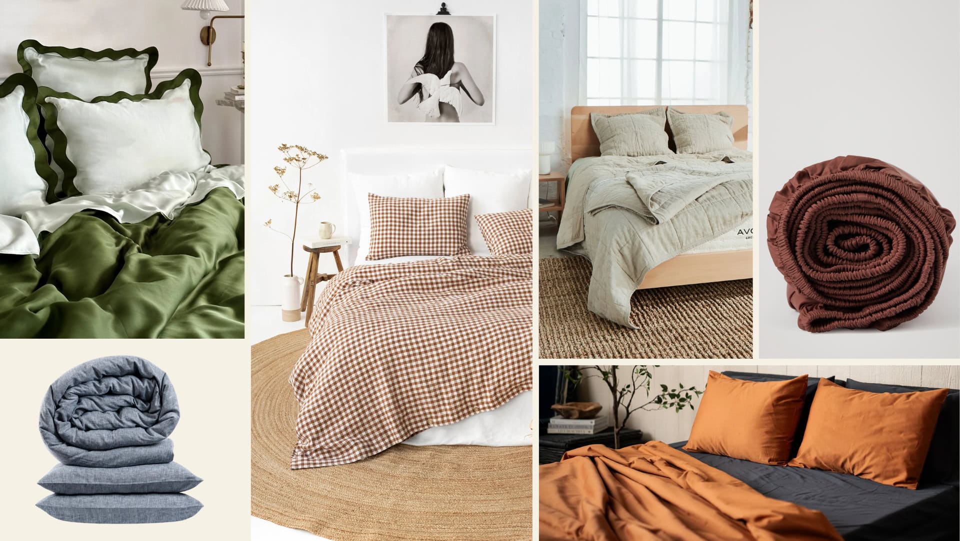Feature collage showcasing the best sustainable and non-toxic bedding brands, including eco-friendly sheet sets, duvets, and comforters in natural tones like green, beige, rust, and gray. Highlights ethically made, breathable, and toxin-free bedding for a cozy, planet-conscious bedroom.