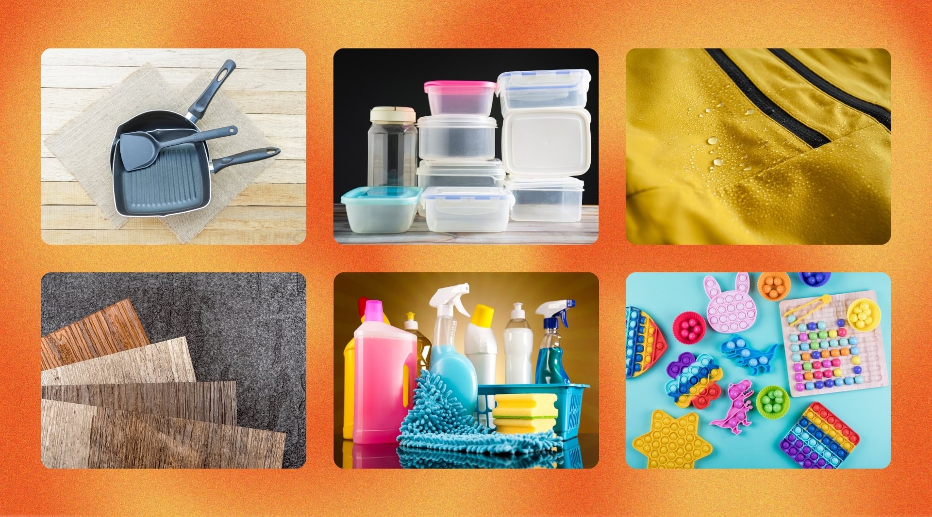 Common Toxins in The Home - Non Toxic Living - Image shows 6 small images including products that typically include toxins - teflon pans, plastic food storage, waterproof clothing, vinyl floors and plastic carpets, traditional cleaning products, PVC toys