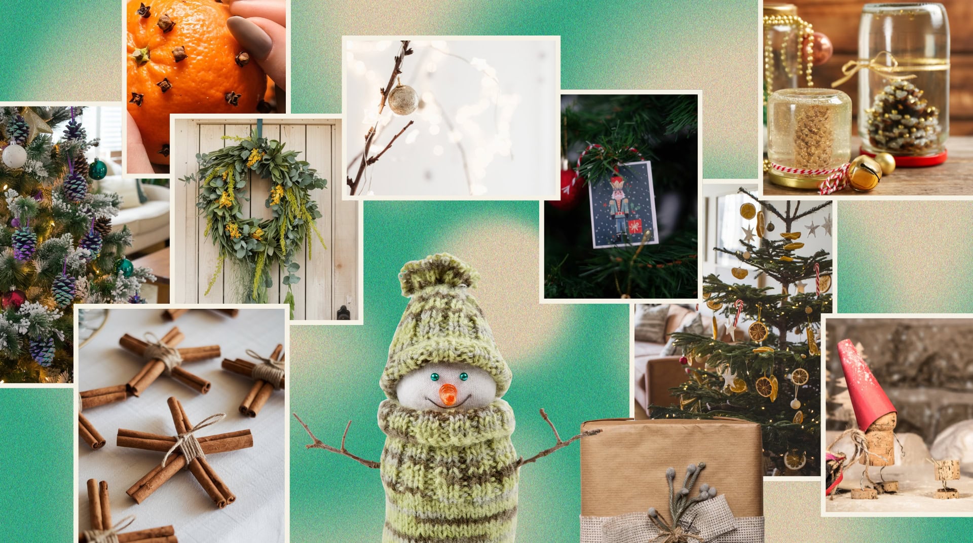 Collage of DIY Christmas decorations including clove-studded orange pomander balls, natural greenery wreath, handmade Christmas cards, mason jar snow globes, a Christmas tree decorated with dried citrus slices, cinnamon stick star ornaments, painted pinecone ornaments, a sock snowman, rustic gift wrapping, and wine cork figurines, showcasing creative eco-friendly holiday crafts.