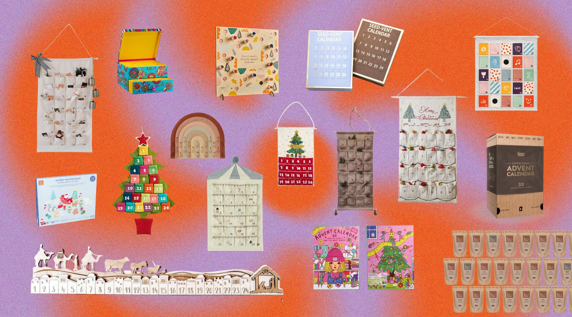 A collage of the best eco-friendly and reusable advent calendars, including linen wall hangings, wooden nativity sets, felt Christmas tree calendars, activity-based calendars, and coffee and seed advent boxes. A visual roundup of the best reusable calendars for sustainable holiday traditions.