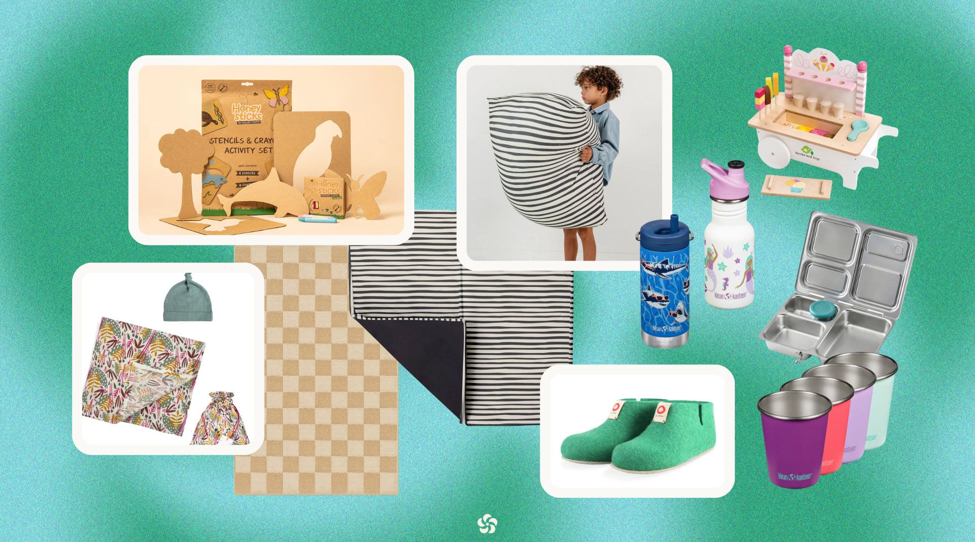 Non-toxic gifts for babies and kids featuring Toki Mats organic play mats, Mightly organic cotton baby gift sets, Baabuk wool slippers for kids, PlanetBox stainless steel lunchbox, Klean Kanteen drink bottles, Tenderleaf wooden toys, Honesticks non-toxic crayons, and Organic Weave nursery rug.