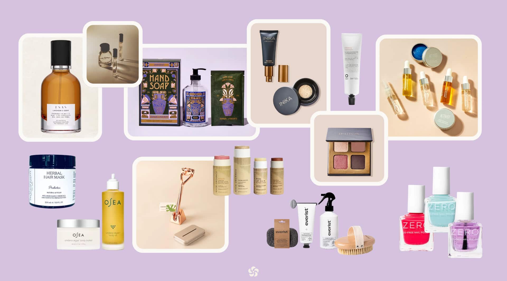 Selection of non-toxic gifts for her focused on beauty and wellness gifts including Activist Skincare trial kit, Oneka regenerative face duo, Everist body care bundle, Maison Mascarell hand soap kit, Osea Undaria body bundle, Inika makeup sets, River Organics color sticks, 100% Pure non-toxic nail polish, Oway silkening hand balm, and Esas natural perfume.