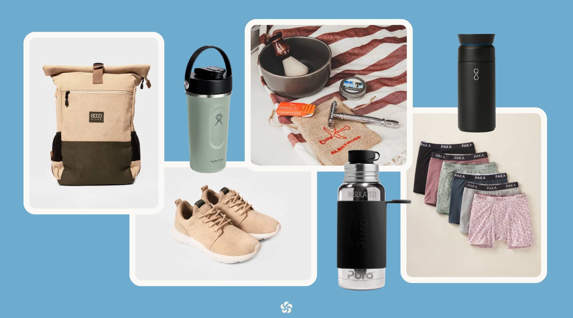 Collage of non-toxic menâs gifts including 8000Kicks hemp backpack and shoes, Hydro Flask insulated shaker, Ocean Bottle brew flask, Paka alpaca underwear, Albatross zero waste shave kit, and Pura stainless steel sport bottle.