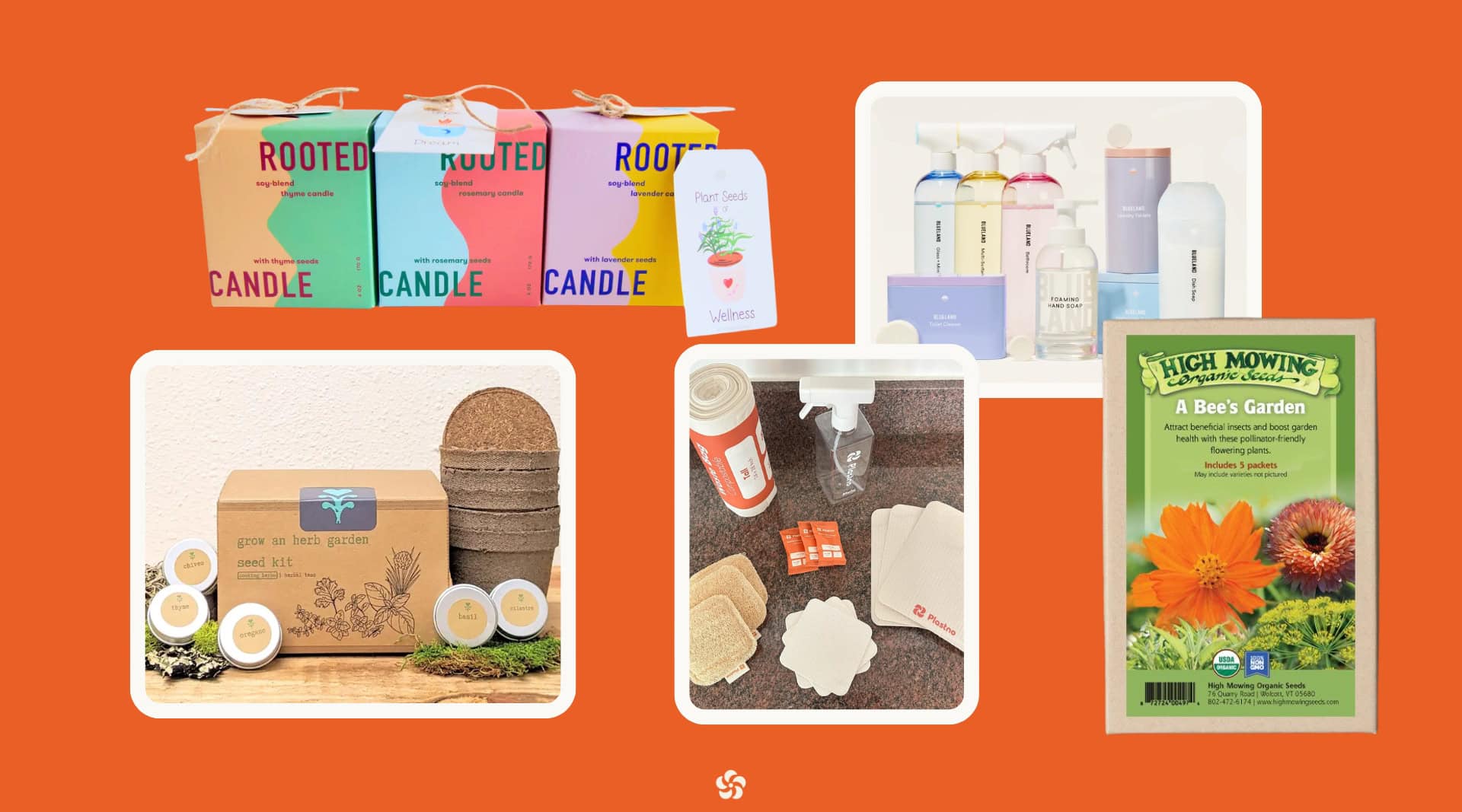 Non-toxic home and garden gifts featuring Uproot Design Studio growing kits, High Mowing organic seed collection, Uproot soy candles, Plastno refillable cleaning kit, and Blueland non-toxic cleaning products.