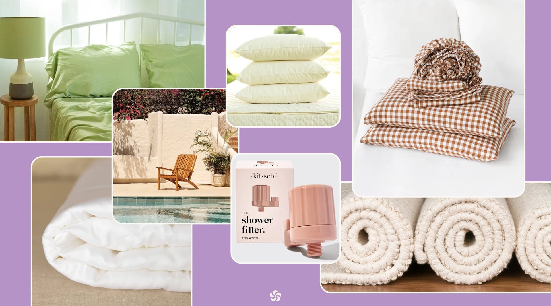 Non-toxic home gift ideas including Nest Bedding TENCEL sheets, Magic Linen OEKO-TEX certified linen bedding, Savvy Rest organic pillows, PlushBeds TENCEL comforter, MasayaCo FSC-certified wooden chair, and Kitsch shower filter.