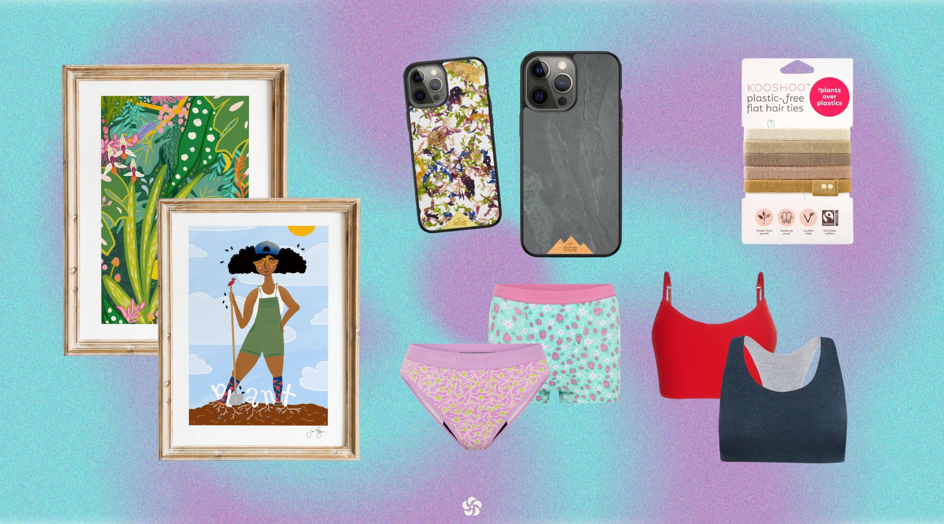 Non-toxic teen gifts including Bleuet organic cotton bras, MMORE organic phone cases, Uproot Design Studio nature prints, Modibodi PFAS-free period underwear, and Kooshoo plastic-free hair ties.