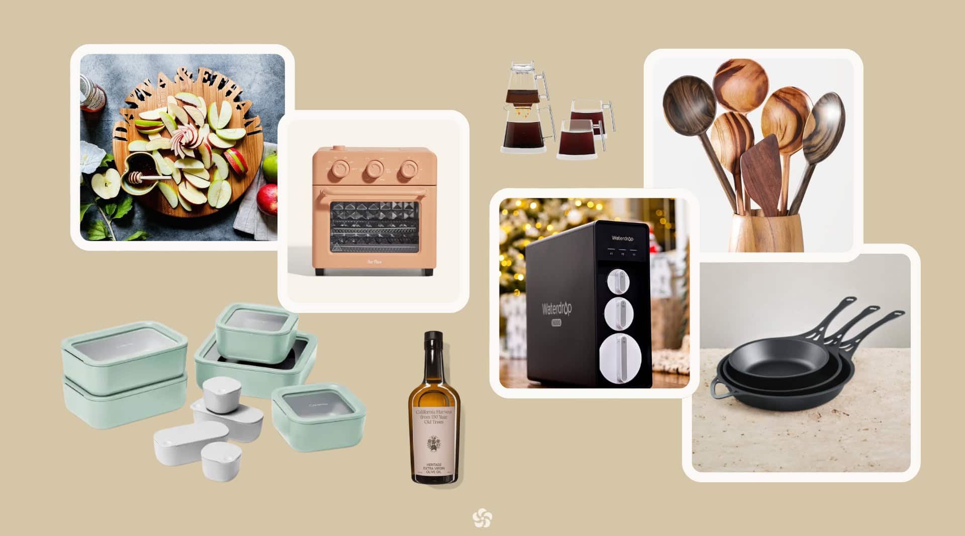 Non-Toxic gifts For the kitchen including the Our Place Wonder Oven, Solidteknics iron cookware, Pureover glass coffee maker, Caraway food storage set, Itza Wood cooking utensils, Words With Boards personalized cutting board, Flamingo Estate olive oil, and Waterdrop reverse osmosis filter.