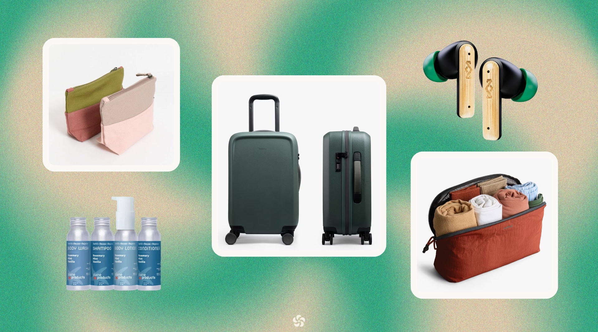 Non-toxic travel gifts including Bellroy's sustainable luggage, Bellroy packing cubes, Terra Thread organic cotton cosmetic pouches, Plaine Products refillable travel set, and House of Marley wireless earbuds.
