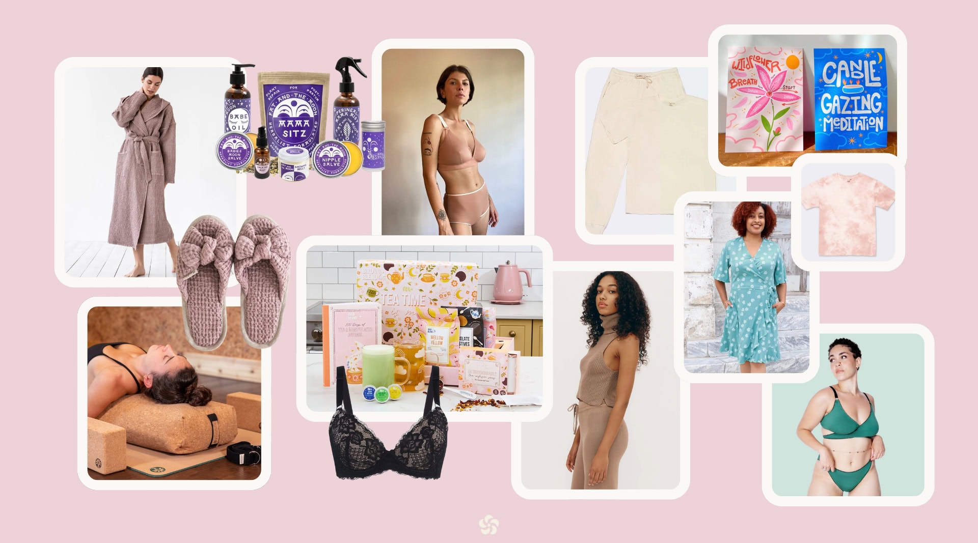 Non-toxic womenâs gift ideas featuring Magic Linen OEKO-TEX certified robe and slippers, COLIECO TENCEL lingerie, JulieMay organic cotton bra, Passion Lilie wrap dress, Organic Basics organic cotton basics, Bird & Blend wellness tea box, Fat and the Moon new mama care set, and Yoloha cork yoga mat.