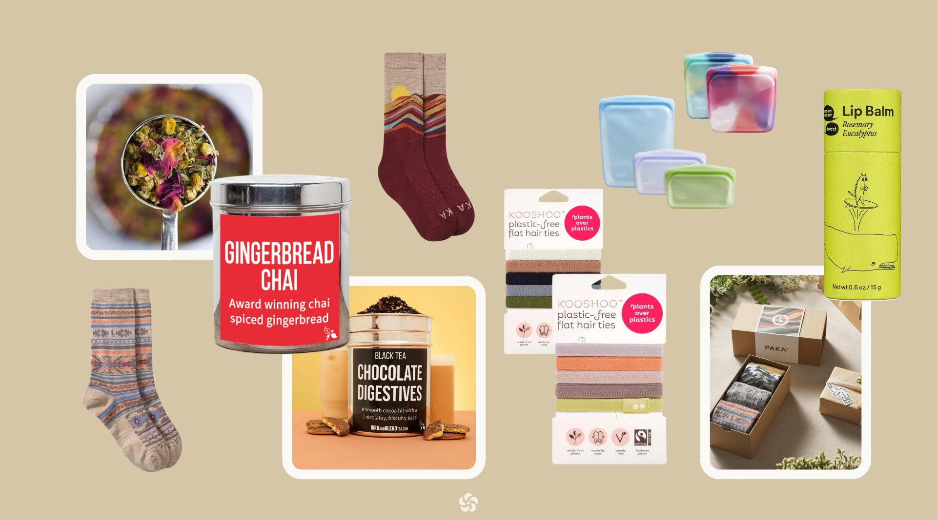 Collage of non-toxic stocking stuffers including Kooshoo organic hair ties, Paka alpaca socks, Stasher reusable silicone bags, Meow Meow Tweet vegan lip balm, and Bird & Blend tea blends.