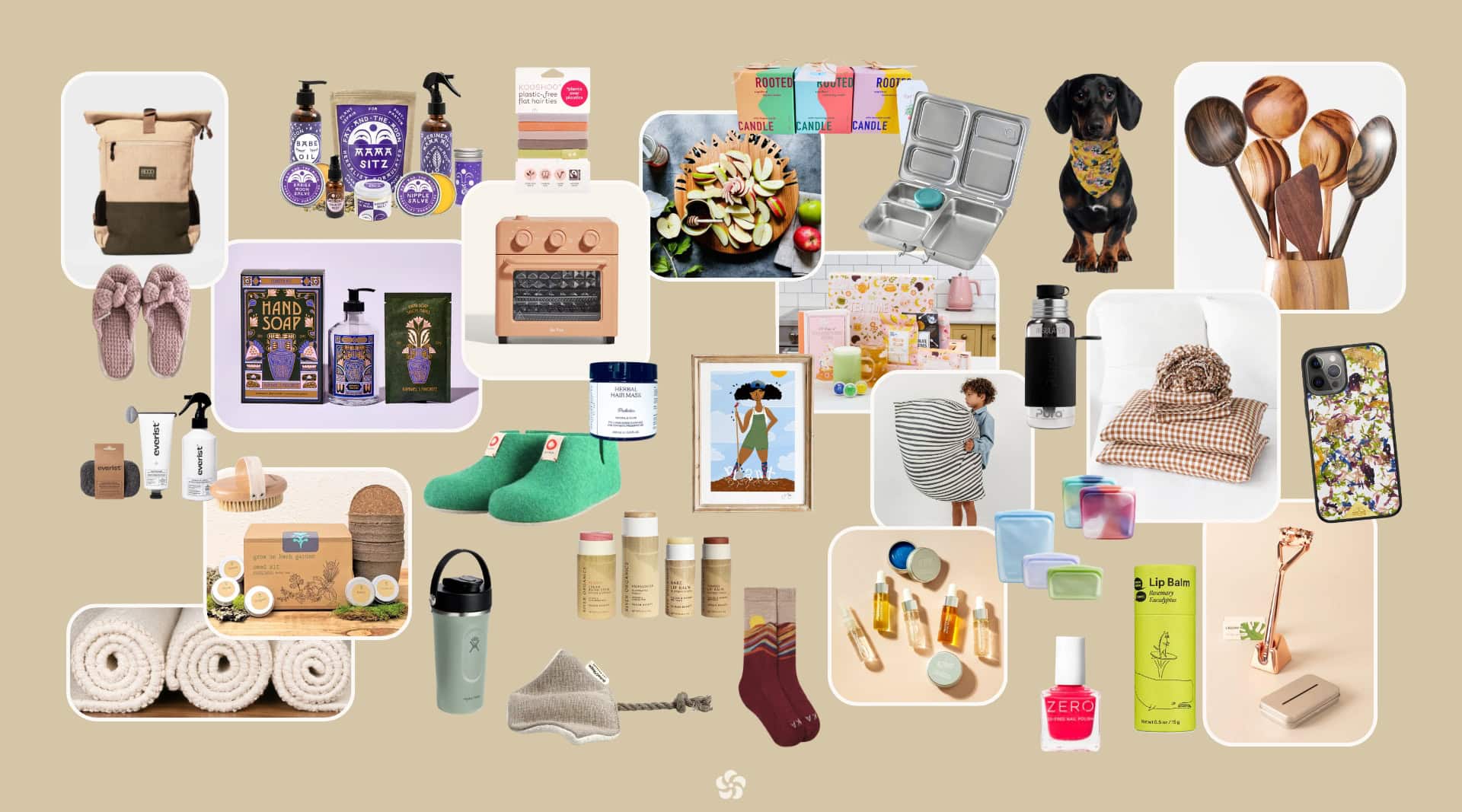 Collage of non-toxic gifts & ideas across categories including cookware, skincare, bedding, tea, cleaning kits, organic clothing, eco toys, reusable bottles, and sustainable accessories.