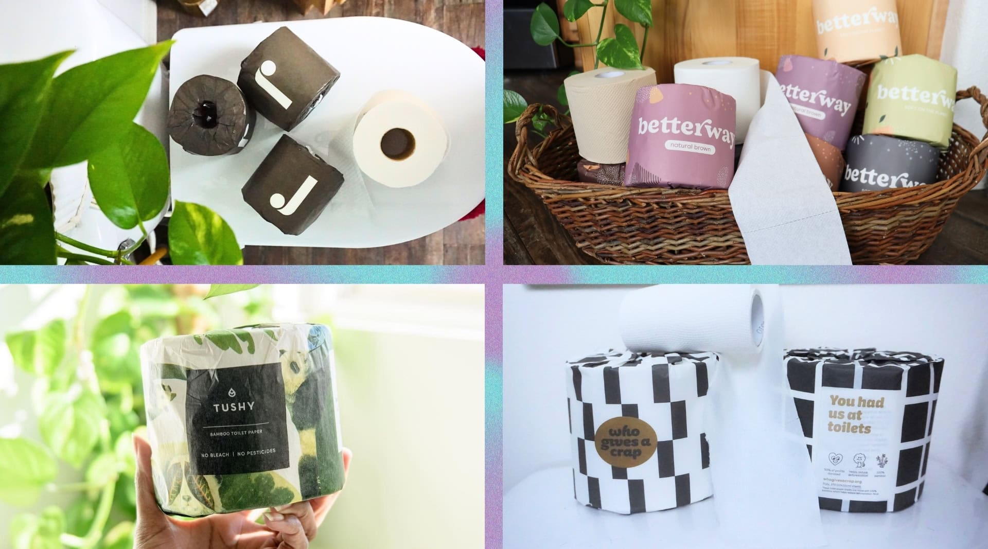 Collage of the best bamboo toilet paper brands, including Betterway, Reel, Who Gives A Crap, and TUSHY, (tested and photographed by Sustainable Jungle.- with the exception of Tushy)