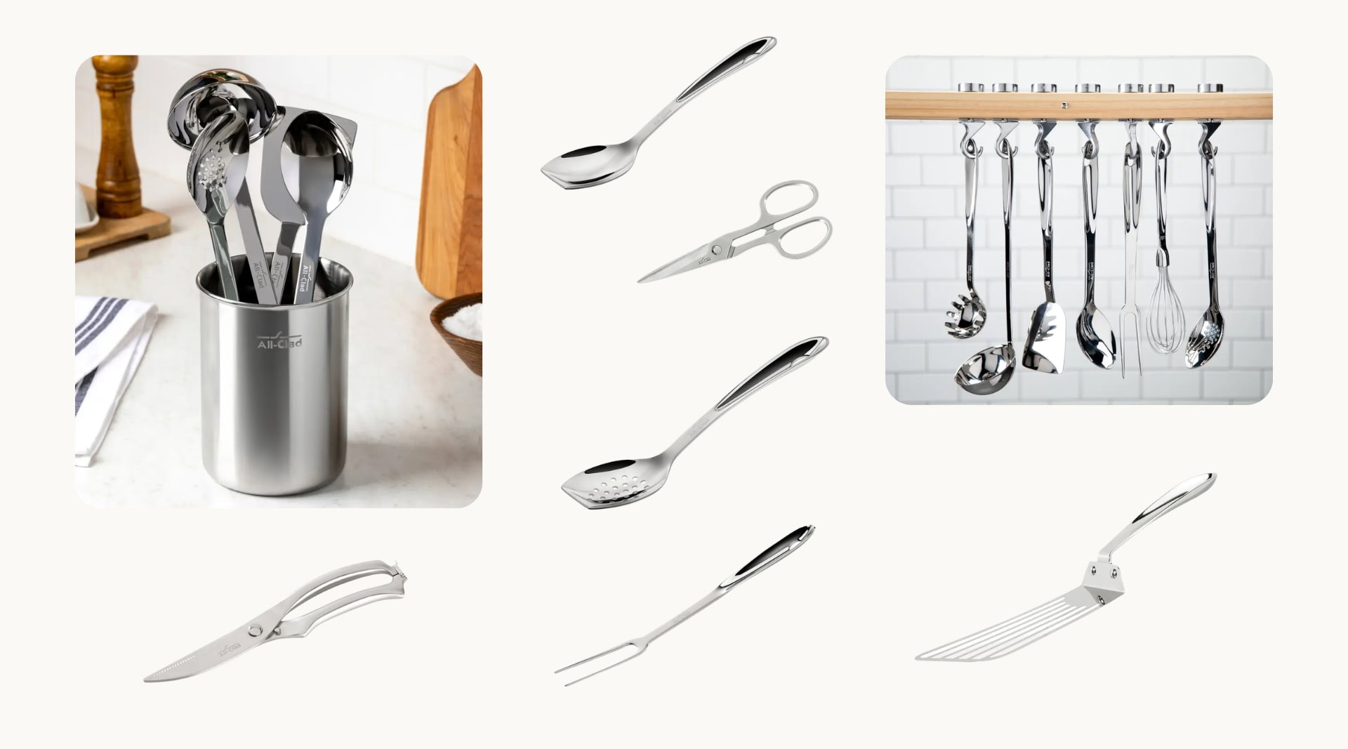 ll-Clad non-toxic stainless steel cooking utensils including a polished utensil crock filled with spoons and ladles, individual tongs, slotted spoon, shears, carving fork, and fish turner, plus a wall-mounted rack displaying the full utensil collection