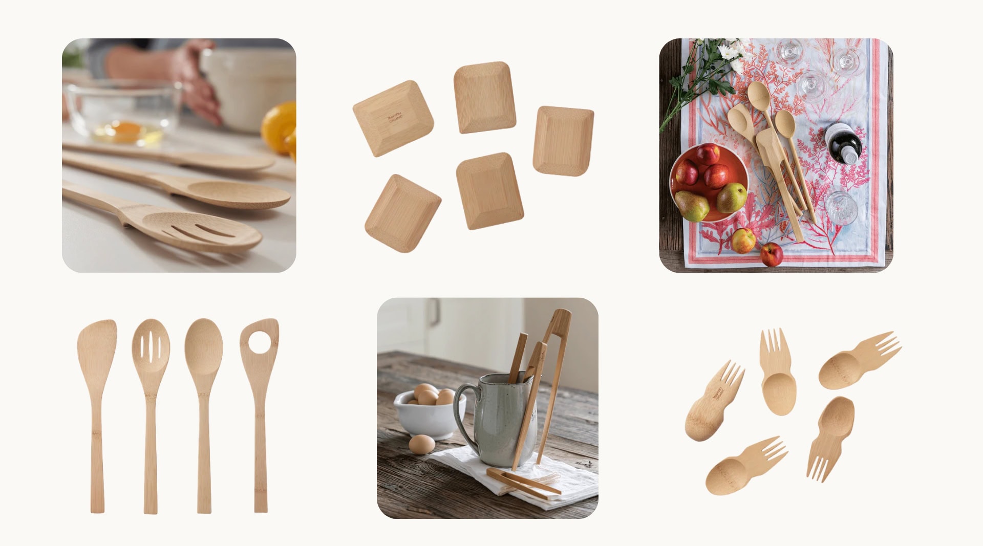 Bambu plastic-free bamboo cooking utensils including FSC-certified bamboo spoons, spatulas, and slotted turners, bamboo pot scrapers, bamboo tongs standing in a ceramic jug, sporks, and a table setting with bamboo utensils on a floral cloth