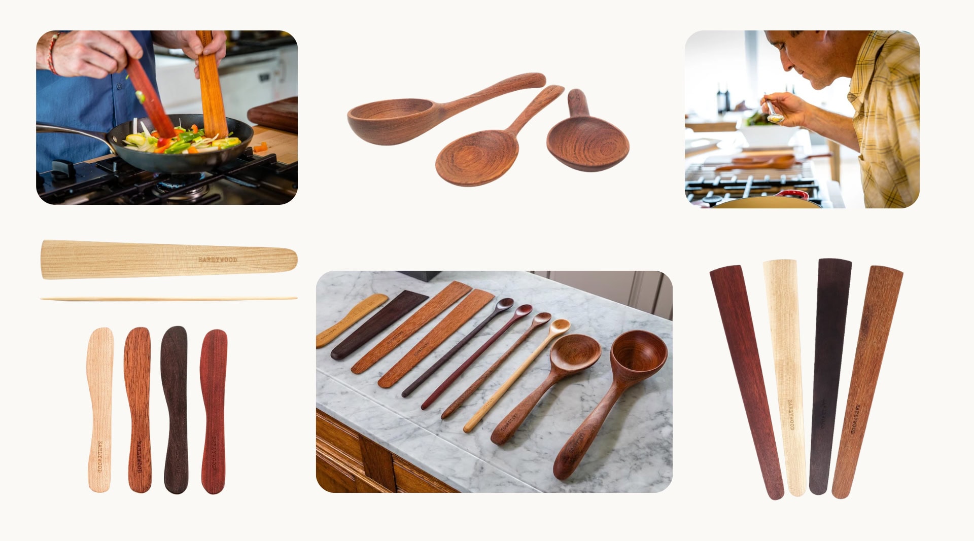Earlywood handcrafted non-toxic wooden cooking utensils made in Montana USA showing hardwood spatulas and spreaders in jatoba, maple, and bloodwood, a flat sauté tool in use on a stovetop, and a collection of ladles and spoons laid out on a marble counter