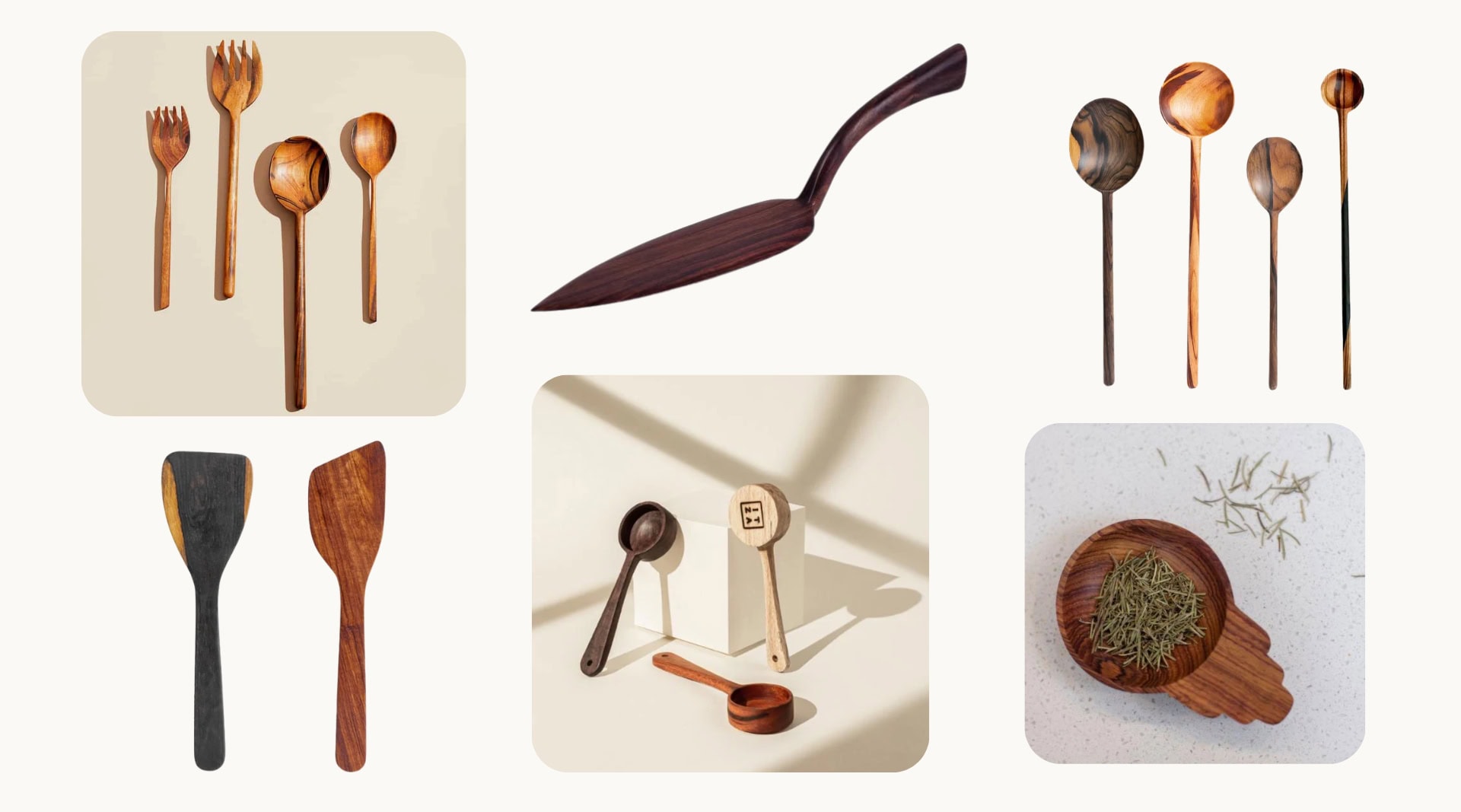 Itza Wood handcrafted exotic hardwood kitchen utensils from Guatemala featuring serving forks and spoons in rich tropical grain, a dark wood spatula, wooden scoops, and a rosewood pinch bowl with fresh rosemary, showcasing natural color variations in Ziricote and Jobillo wood