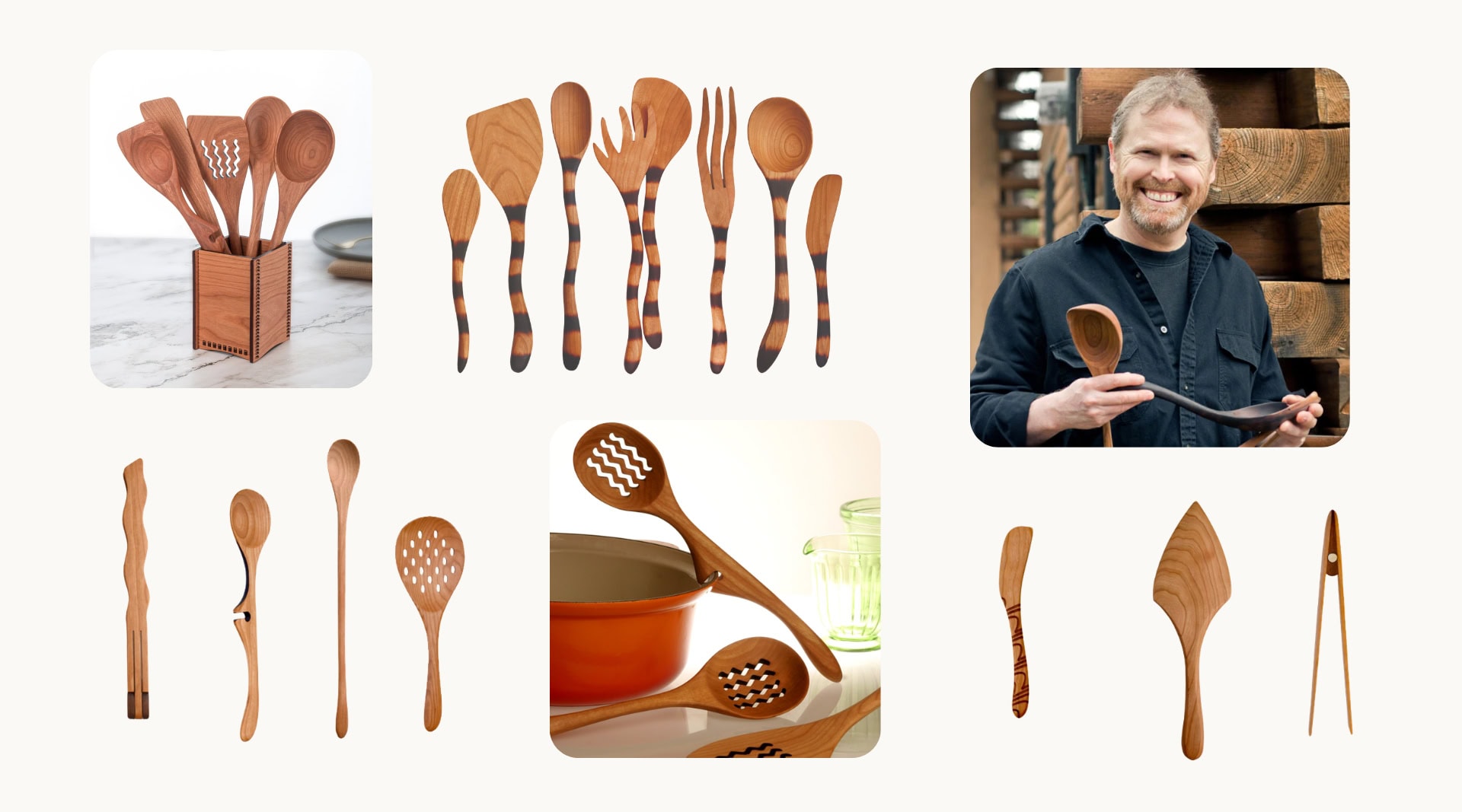Jonathan's Spoons handmade cherry wood cooking utensils featuring flame-blackened spoons and forks, a utensil holder, individual spatulas and tongs, and founder Jonathan Simons holding two of his hand-carved wooden spoons in his Pennsylvania workshop