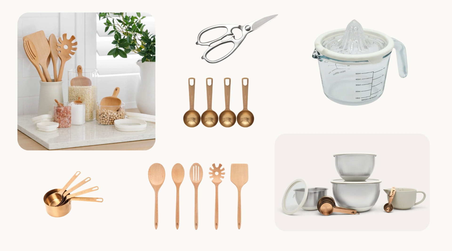 Seed and Sprout non-toxic kitchen utensils and accessories including FSC-certified beechwood cooking spoons and spatulas, stainless steel scissors, copper measuring spoons and cups, a glass citrus juicer, and stainless steel mixing bowls displayed on a kitchen counter
