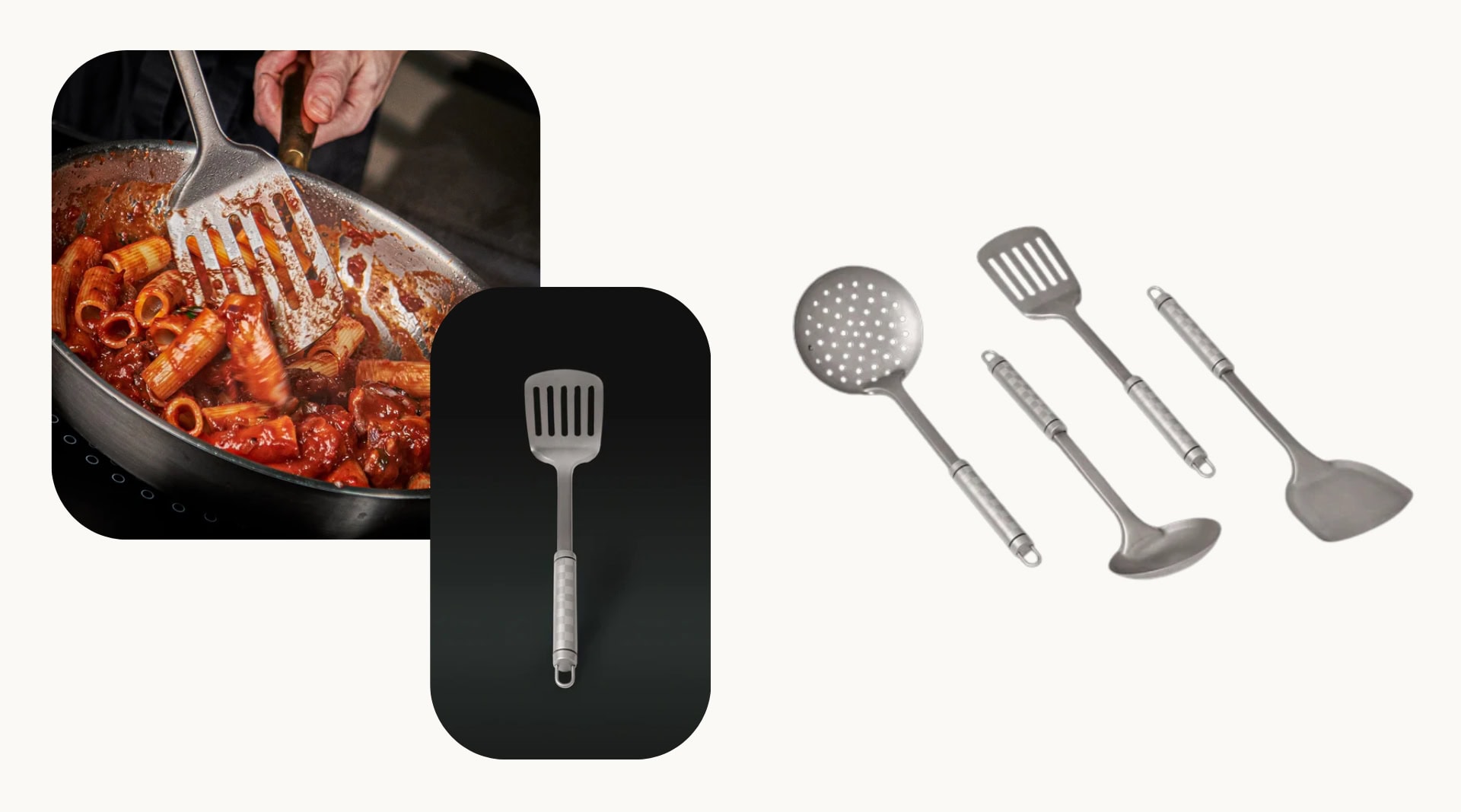 Taima pure titanium non-toxic cooking utensils including a slotted spatula, skimmer, turner, and ladle in brushed stainless finish, plus a titanium turner being used to stir rigatoni pasta in a pan