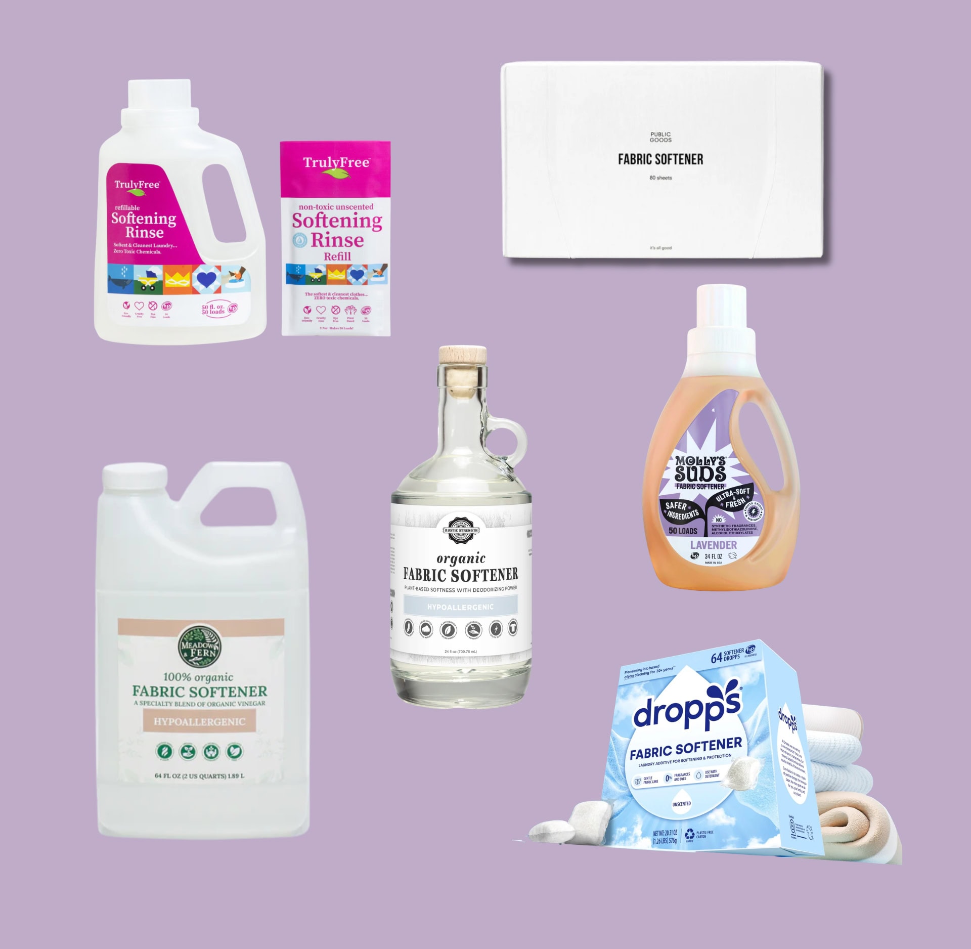 Best non-toxic and eco-friendly fabric softeners including Dropps mineral-based pods, Rustic Strength organic fabric softener in glass bottle, Public Goods plant-based fabric softener sheets, Truly Free Home refillable softening rinse with unscented refill packet, and Meadow & Fern 100% organic fabric softener. All researched by Sustainable Jungle