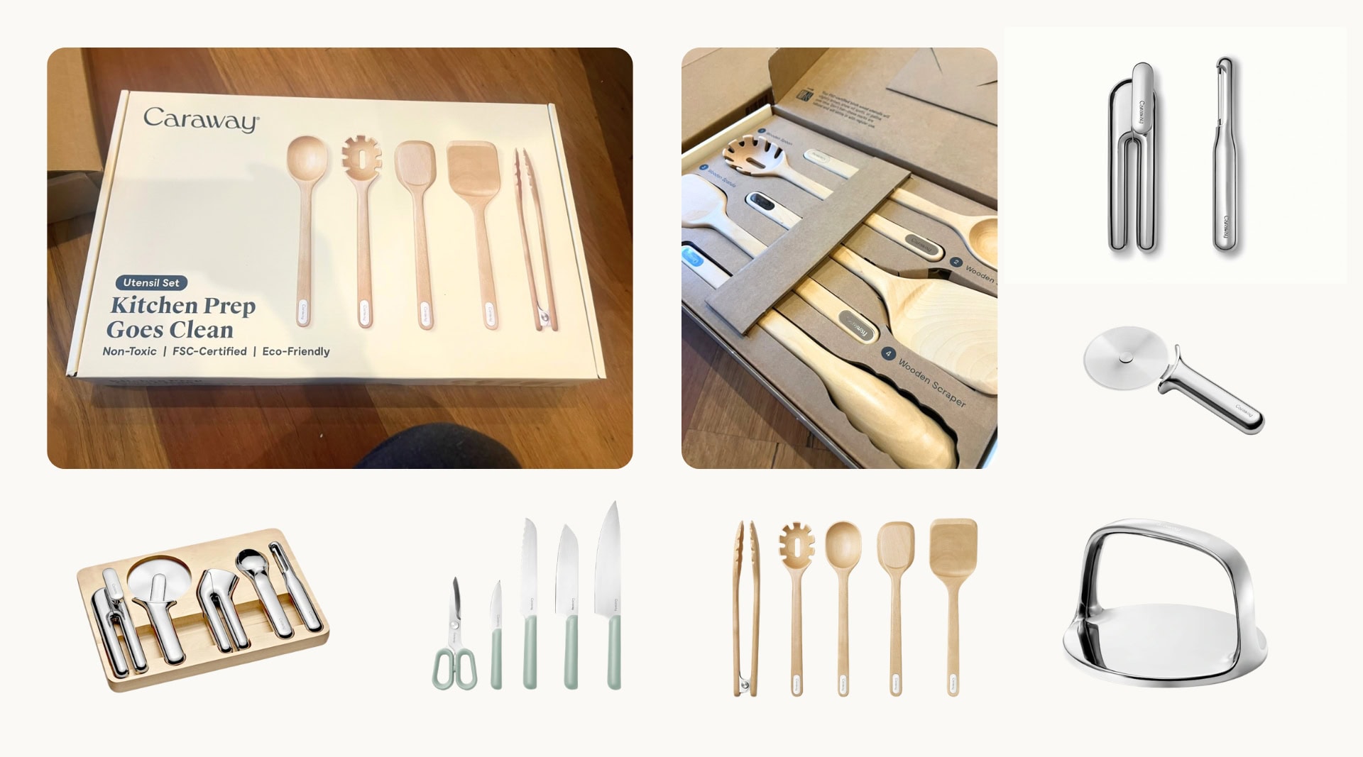 Sustainable Jungle's hands-on testing of Caraway's non-toxic cooking utensils showing the FSC-certified birch wood utensil set in its recycled packaging, the stainless steel kitchen gadget set on a wooden organizer, German steel knives with green handles, wooden tongs and spatulas, a pizza wheel, and a stainless steel pot lid