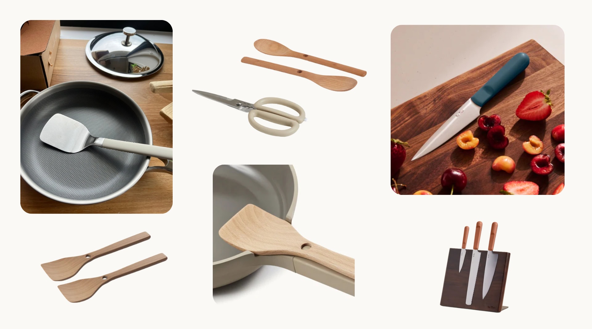 Sustainable Jungle's testing of Our Place non-toxic cooking utensils including beechwood spatulas, a wooden spoon resting in a ceramic pan, kitchen shears, a German stainless steel knife on a cutting board with cherries, and a magnetic knife block